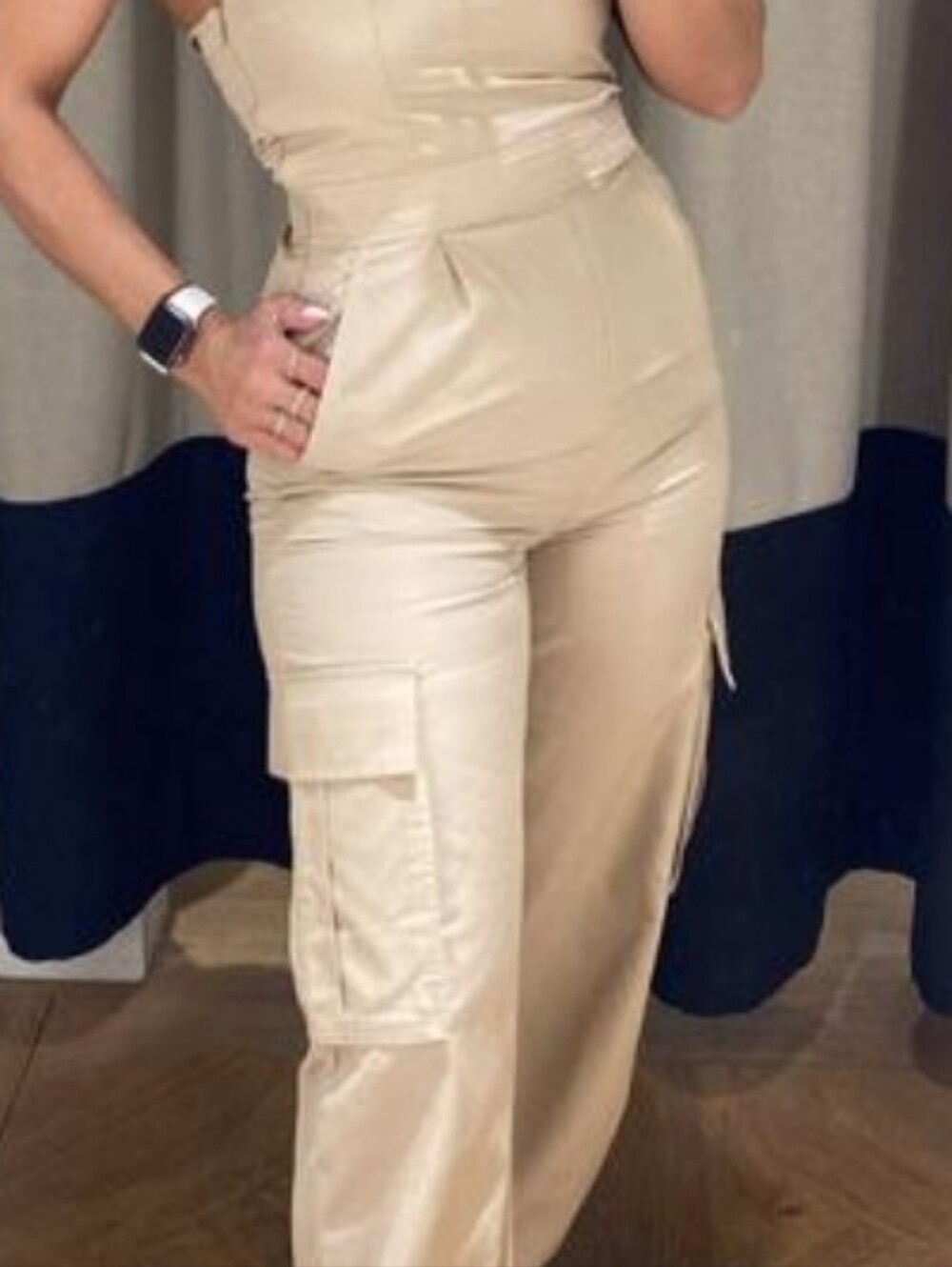 Dynamite Beige High-Waist Wide Leg Cargo Jumpsuit